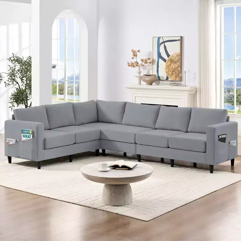 Divano sezionale modulare oversize in lino 108L, divano sezionale a L con tasca laterale, grande divano angolare a 6 posti