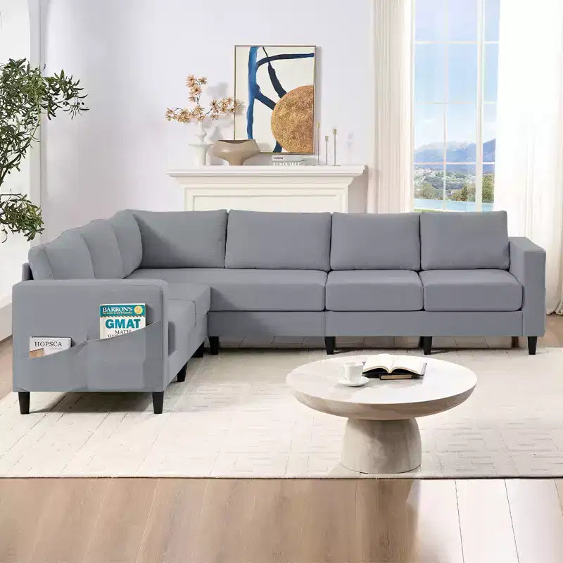 Divano sezionale modulare oversize in lino 108L, divano sezionale a L con tasca laterale, grande divano angolare a 6 posti