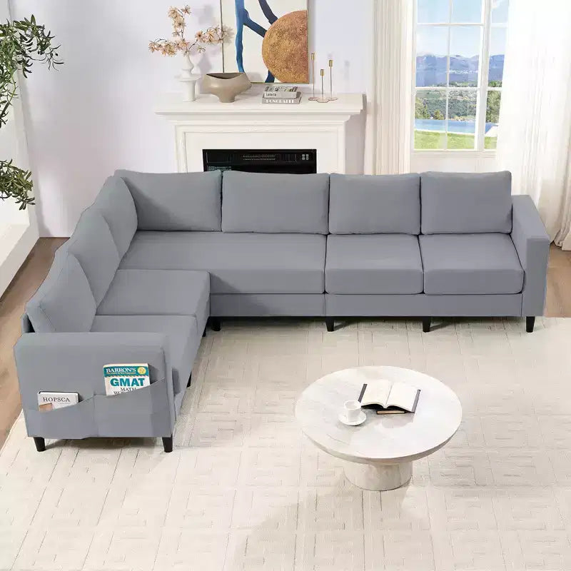Divano sezionale modulare oversize in lino 108L, divano sezionale a L con tasca laterale, grande divano angolare a 6 posti