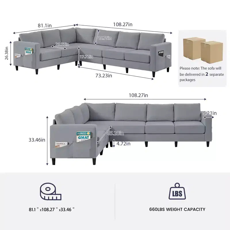 Divano sezionale modulare oversize in lino 108L, divano sezionale a L con tasca laterale, grande divano angolare a 6 posti