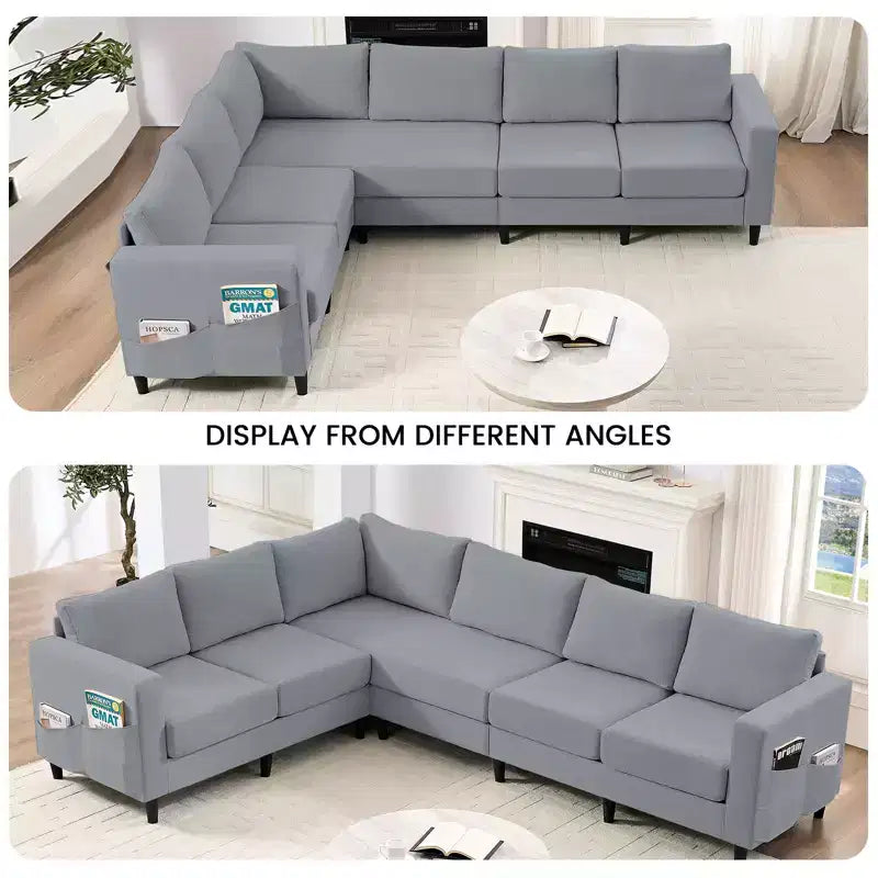 Divano sezionale modulare oversize in lino 108L, divano sezionale a L con tasca laterale, grande divano angolare a 6 posti