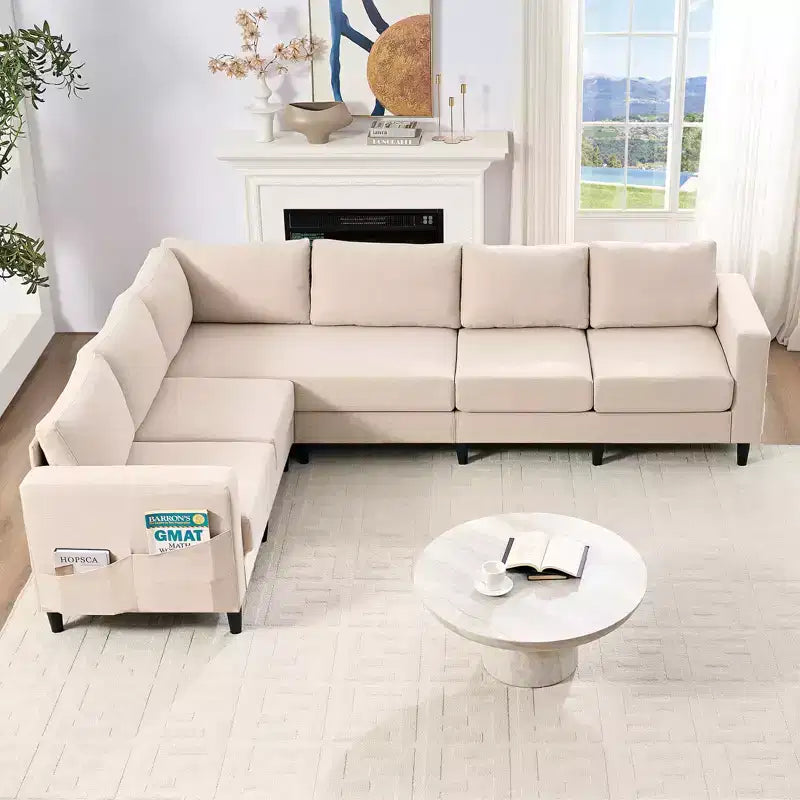 Divano sezionale modulare oversize in lino 108L, divano sezionale a L con tasca laterale, grande divano angolare a 6 posti