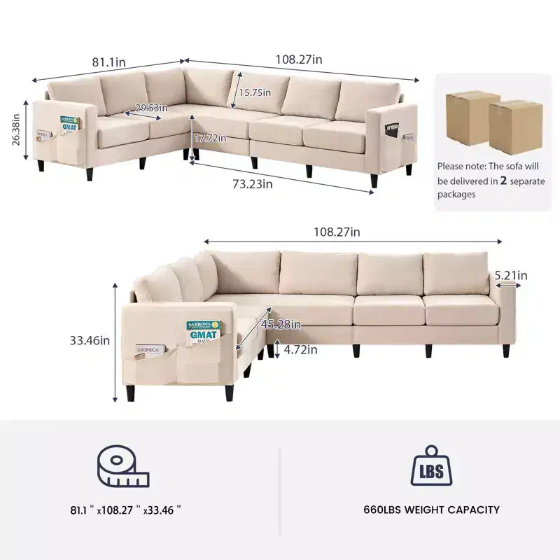 Divano sezionale modulare oversize in lino 108L, divano sezionale a L con tasca laterale, grande divano angolare a 6 posti