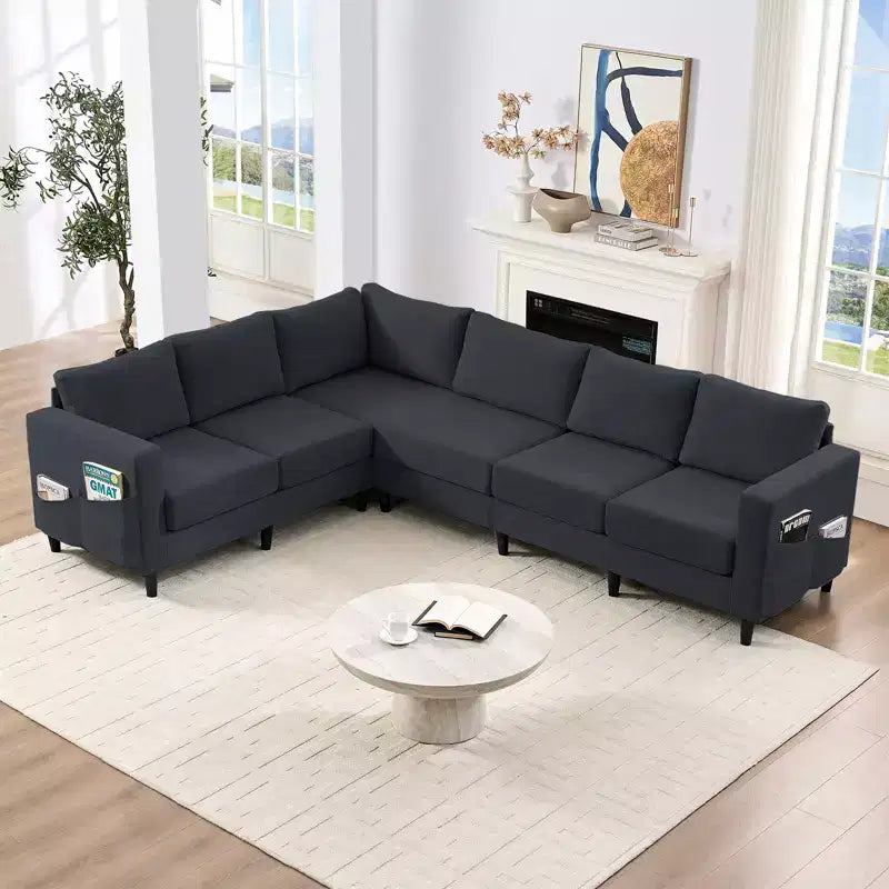 Divano sezionale modulare oversize in lino 108L, divano sezionale a L con tasca laterale, grande divano angolare a 6 posti