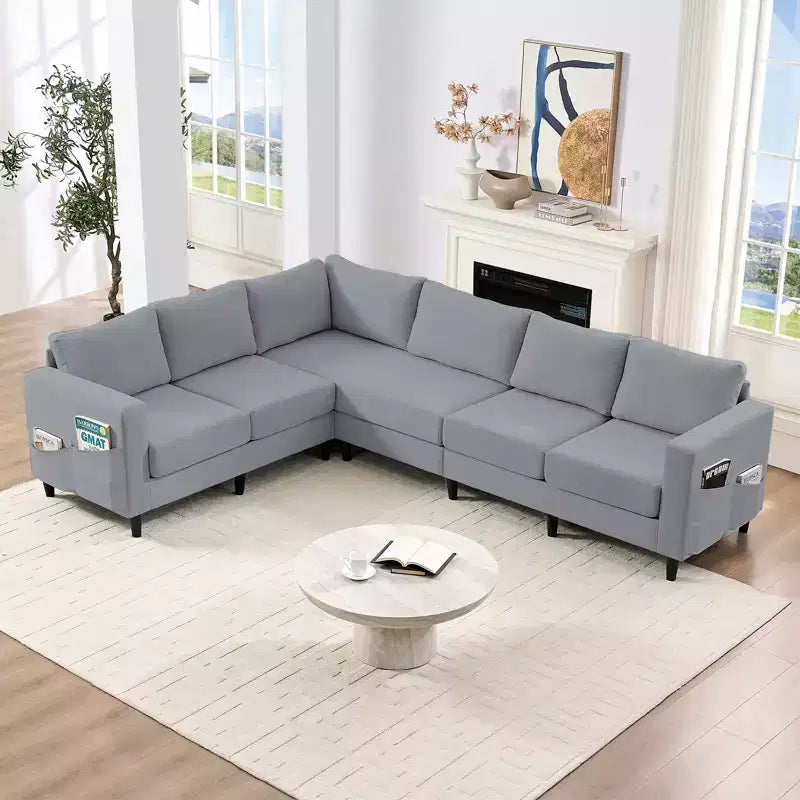 Divano sezionale modulare oversize in lino 108L, divano sezionale a L con tasca laterale, grande divano angolare a 6 posti