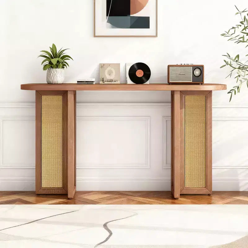 Consolle Stretta in Rattan con Piano Ovale e Contenitore per Soggiorno e Ingresso