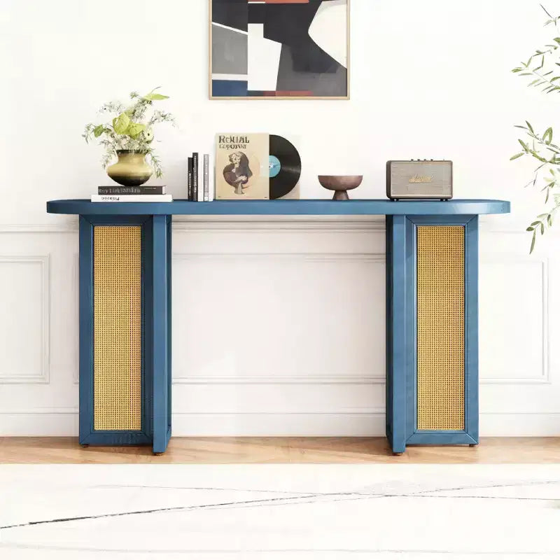 Consolle Stretta in Rattan con Piano Ovale e Contenitore per Soggiorno e Ingresso
