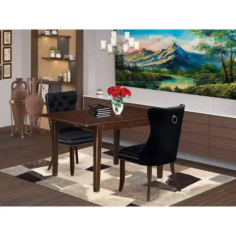 Set tavolo da pranzo 3 pezzi con piano rettangolare in legno massello finitura mogano con prolunga a farfalla