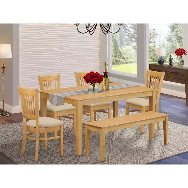 Tavolo da pranzo rettangolare a 6 posti con piano in legno massello finitura rovere naturale, 1 panca e 4 sedie
