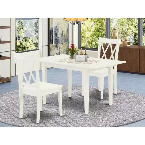 Set tavolo da pranzo con piano rettangolare in legno massello con prolunga a farfalla, finitura bianca lino, 3 pezzi