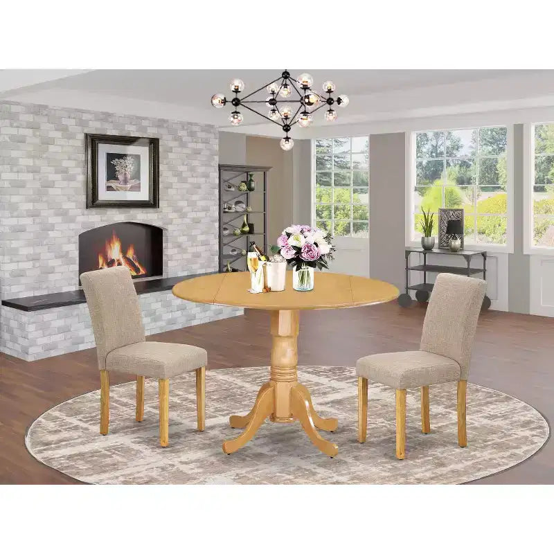 Set da pranzo rotondo a 3 pezzi con piano in legno massello finitura rovere naturale - 4 posti
