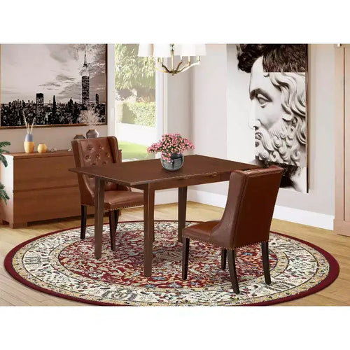 Set tavolo da pranzo 3 pz in legno massello con finitura mogano e prolunga a farfalla