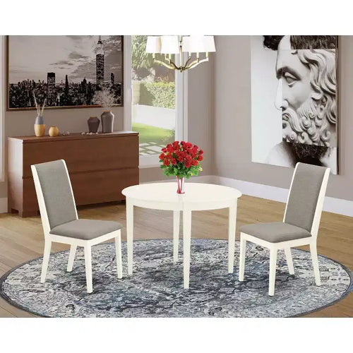 Set tavolo da pranzo 3 pezzi rotondo con piano in legno massello finitura lino bianco