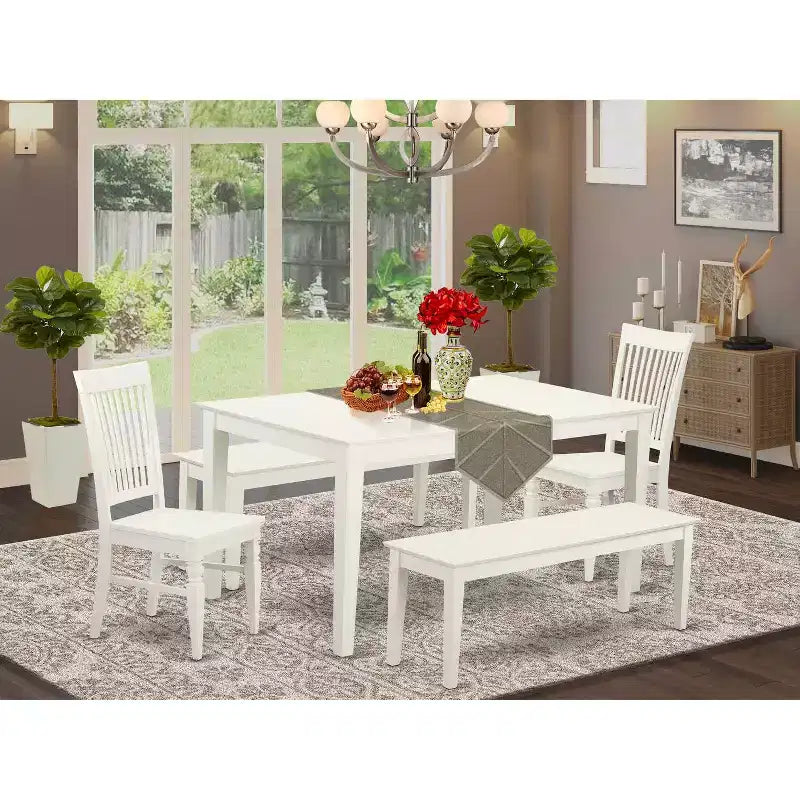Tavolo da pranzo rettangolare 5 pezzi con ripiano in legno massello, finitura lino bianco, con 2 panche e 2 sedie