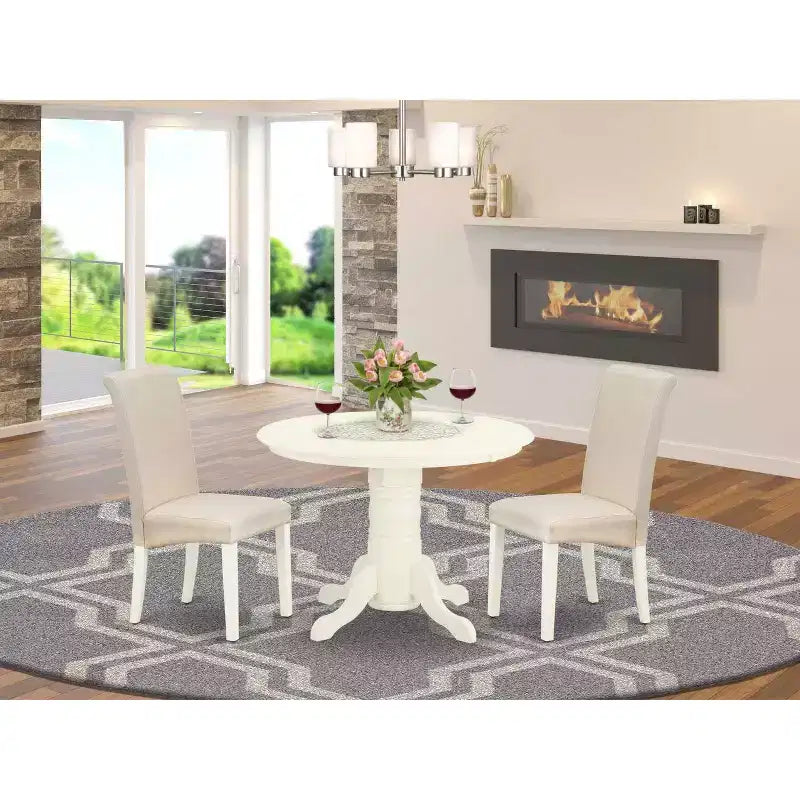 Set da pranzo da 3 pezzi in lino bianco massiccio - Tavolo rotondo - 4 posti a sedere