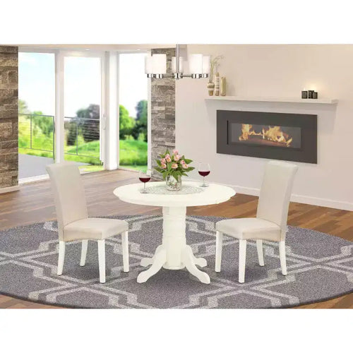 Set da pranzo da 3 pezzi in lino bianco massiccio - Tavolo rotondo - 4 posti a sedere