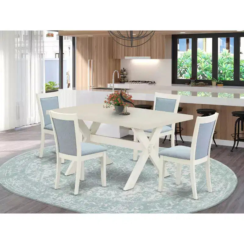 Set da pranzo 5 pezzi con tavolo in legno massello, finitura lino bianco spazzolato, e 4 sedie