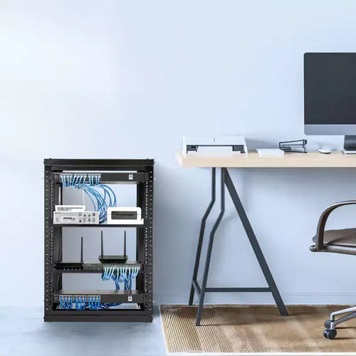 Armadio rack da muro 15U, capacità di carico massima 150 libbre, rack di rete a telaio aperto con rotazione a 180 gradi, acciaio al carbonio, nero