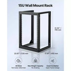 Armadio rack da muro 15U, capacità di carico massima 150 libbre, rack di rete a telaio aperto con rotazione a 180 gradi, acciaio al carbonio, nero