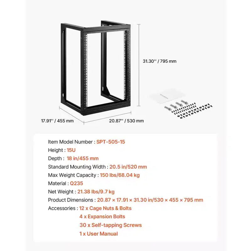 Armadio rack da muro 15U, capacità di carico massima 150 libbre, rack di rete a telaio aperto con rotazione a 180 gradi, acciaio al carbonio, nero