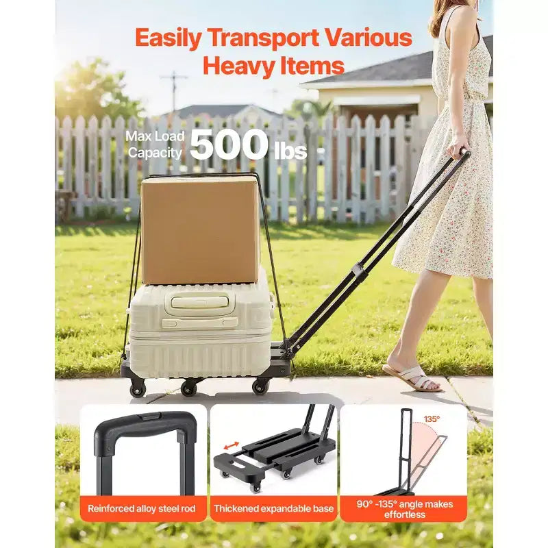 Carrello pieghevole, capacità di carico 226 kg, carrello portabagagli pieghevole con 6 ruote, 2 corde elastiche e base espandibile, nero