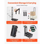 Carrello pieghevole, capacità di carico 226 kg, carrello portabagagli pieghevole con 6 ruote, 2 corde elastiche e base espandibile, nero