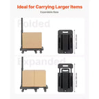 Carrello pieghevole, capacità di carico 226 kg, carrello portabagagli pieghevole con 6 ruote, 2 corde elastiche e base espandibile, nero
