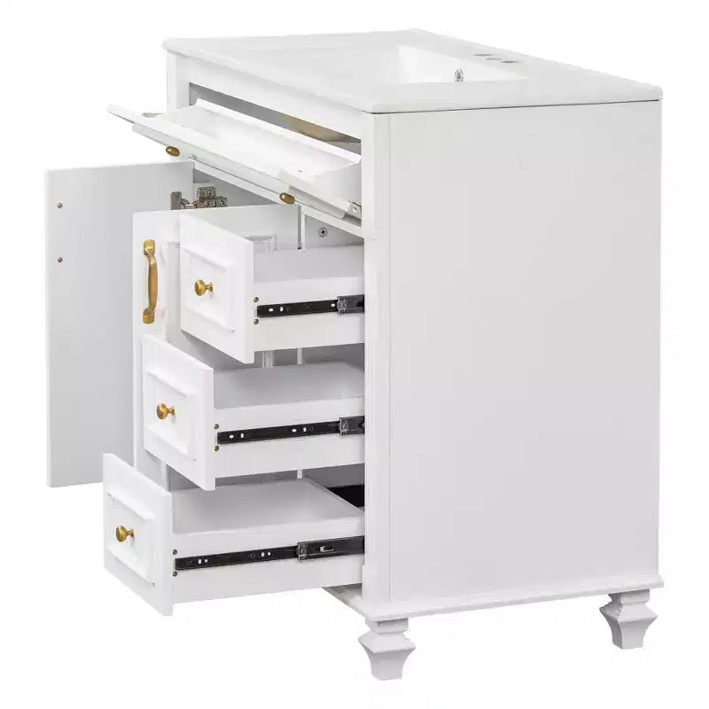 Mobile bagno 36" con lavabo, mobile bianco, cassetto a ribalta, 3 cassetti, 2 ante con chiusura ammortizzata, MDF in legno massello, ferramenta dorata