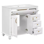 Mobile bagno 36" con lavabo, mobile bianco, cassetto a ribalta, 3 cassetti, 2 ante con chiusura ammortizzata, MDF in legno massello, ferramenta dorata