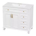Mobile bagno 36" con lavabo, mobile bianco, cassetto a ribalta, 3 cassetti, 2 ante con chiusura ammortizzata, MDF in legno massello, ferramenta dorata