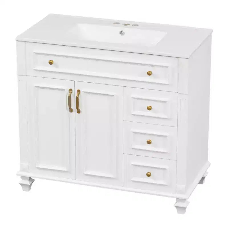 Mobile bagno 36" con lavabo, mobile bianco, cassetto a ribalta, 3 cassetti, 2 ante con chiusura ammortizzata, MDF in legno massello, ferramenta dorata