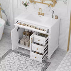 Mobile bagno 36" con lavabo, mobile bianco, cassetto a ribalta, 3 cassetti, 2 ante con chiusura ammortizzata, MDF in legno massello, ferramenta dorata