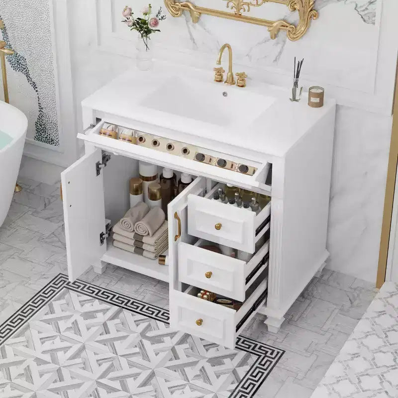 Mobile bagno 36" con lavabo, mobile bianco, cassetto a ribalta, 3 cassetti, 2 ante con chiusura ammortizzata, MDF in legno massello, ferramenta dorata