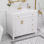 Mobile bagno 36" con lavabo, mobile bianco, cassetto a ribalta, 3 cassetti, 2 ante con chiusura ammortizzata, MDF in legno massello, ferramenta dorata
