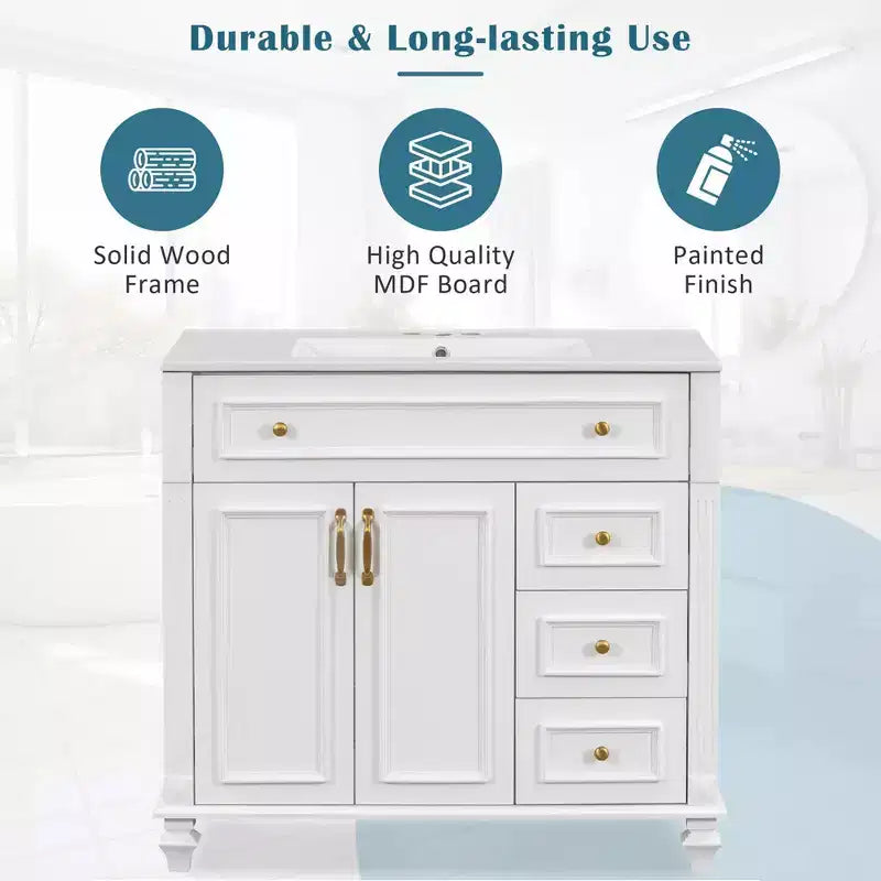 Mobile bagno 36" con lavabo, mobile bianco, cassetto a ribalta, 3 cassetti, 2 ante con chiusura ammortizzata, MDF in legno massello, ferramenta dorata