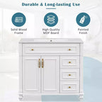 Mobile bagno 36" con lavabo, mobile bianco, cassetto a ribalta, 3 cassetti, 2 ante con chiusura ammortizzata, MDF in legno massello, ferramenta dorata