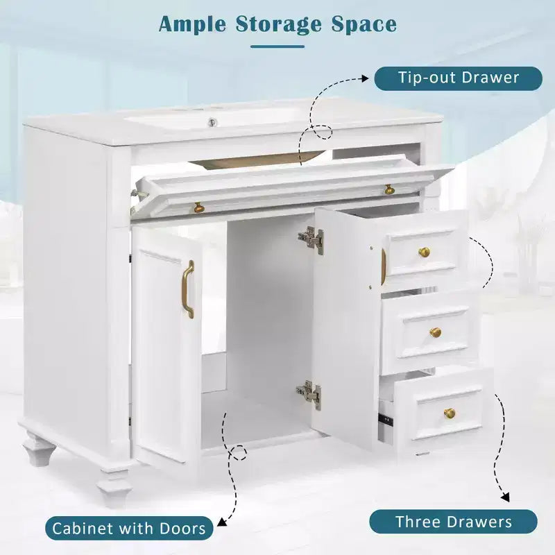 Mobile bagno 36" con lavabo, mobile bianco, cassetto a ribalta, 3 cassetti, 2 ante con chiusura ammortizzata, MDF in legno massello, ferramenta dorata
