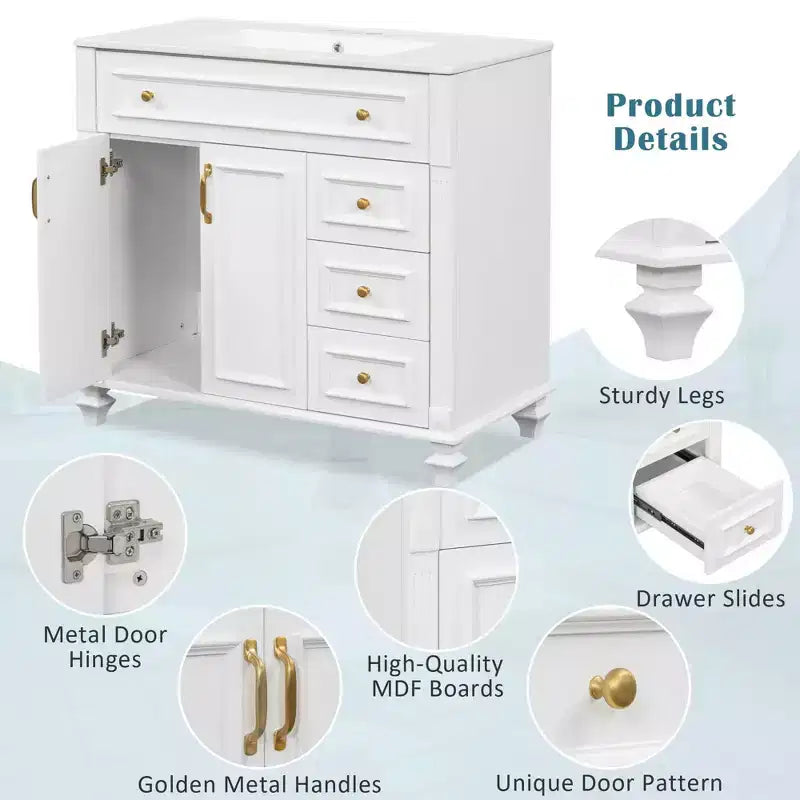 Mobile bagno 36" con lavabo, mobile bianco, cassetto a ribalta, 3 cassetti, 2 ante con chiusura ammortizzata, MDF in legno massello, ferramenta dorata