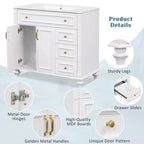 Mobile bagno 36" con lavabo, mobile bianco, cassetto a ribalta, 3 cassetti, 2 ante con chiusura ammortizzata, MDF in legno massello, ferramenta dorata