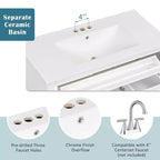 Mobile bagno 36" con lavabo, mobile bianco, cassetto a ribalta, 3 cassetti, 2 ante con chiusura ammortizzata, MDF in legno massello, ferramenta dorata
