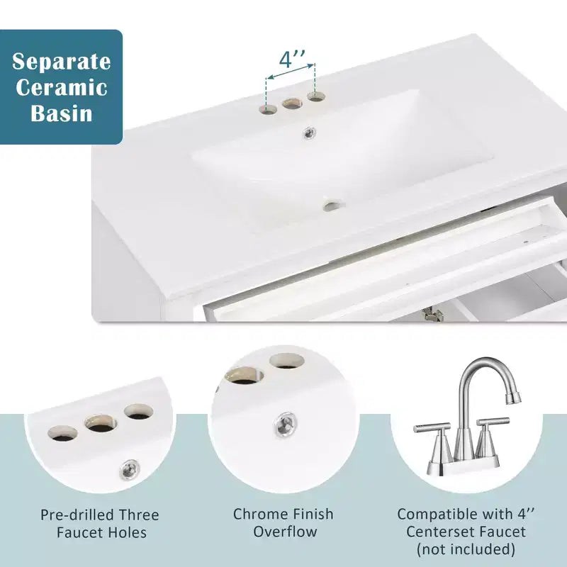Mobile bagno 36" con lavabo, mobile bianco, cassetto a ribalta, 3 cassetti, 2 ante con chiusura ammortizzata, MDF in legno massello, ferramenta dorata