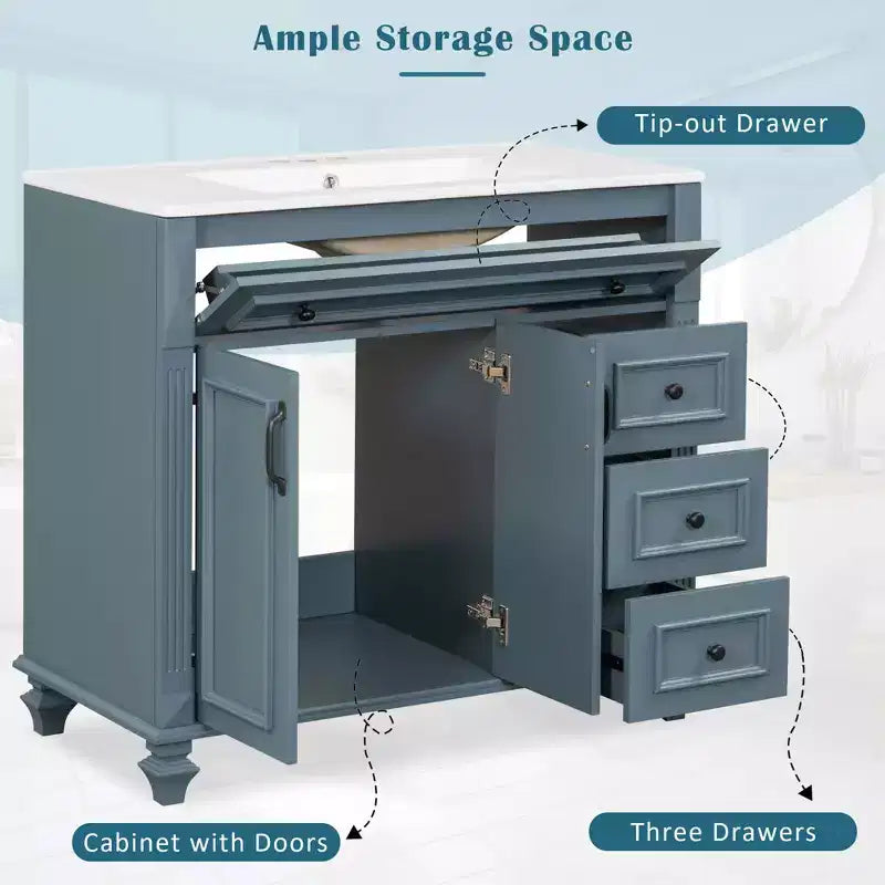 Mobile bagno 36" con lavabo, mobile bianco, cassetto a ribalta, 3 cassetti, 2 ante con chiusura ammortizzata, MDF in legno massello, ferramenta dorata