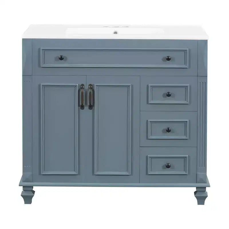 Mobile bagno 36" con lavabo, mobile bianco, cassetto a ribalta, 3 cassetti, 2 ante con chiusura ammortizzata, MDF in legno massello, ferramenta dorata