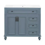 Mobile bagno 36" con lavabo, mobile bianco, cassetto a ribalta, 3 cassetti, 2 ante con chiusura ammortizzata, MDF in legno massello, ferramenta dorata
