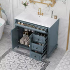MAYEERTY 36 Bathroom Vanity with Sink White Cabinet Flip-Out Drawer 3 Drawers 2 Soft-Close Doors Solid Wood MDF Gold Hardware