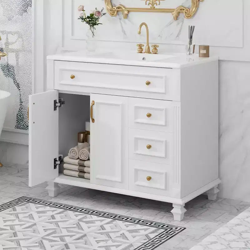 Mobile bagno 36" con lavabo, mobile bianco, cassetto a ribalta, 3 cassetti, 2 ante con chiusura ammortizzata, MDF in legno massello, ferramenta dorata