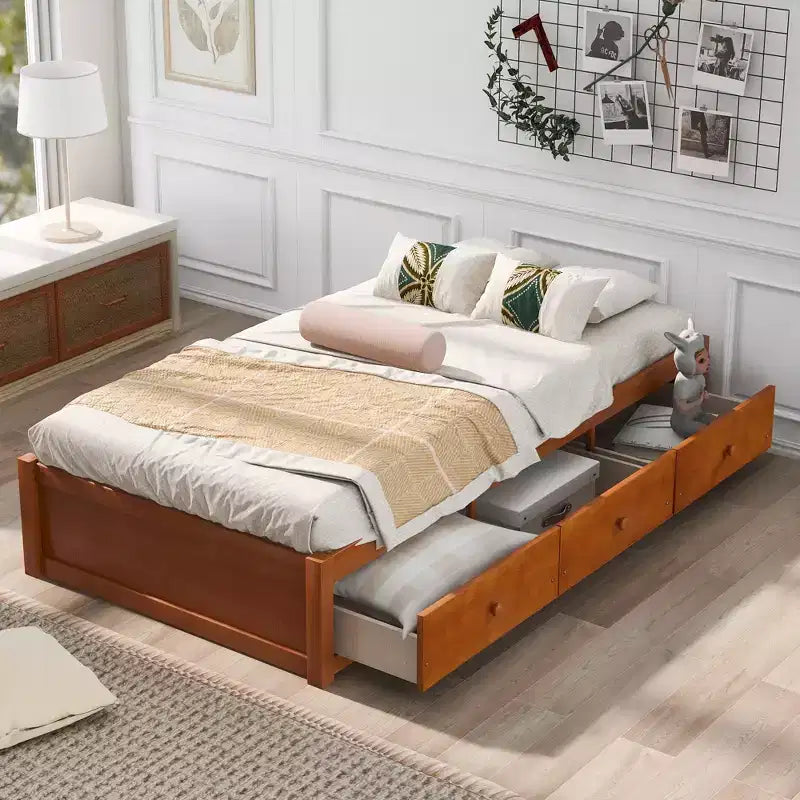 Letto a piattaforma singolo, struttura letto in legno con 3 cassetti