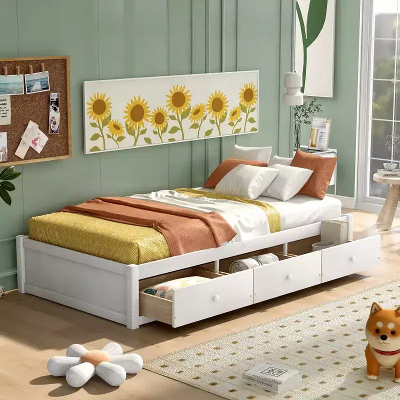 Letto a piattaforma singolo, struttura letto in legno con 3 cassetti